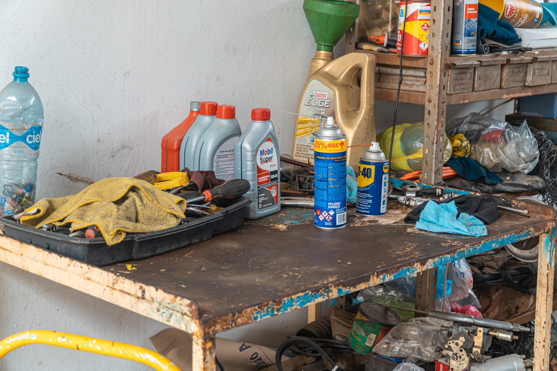 work bench with a lot of things on it